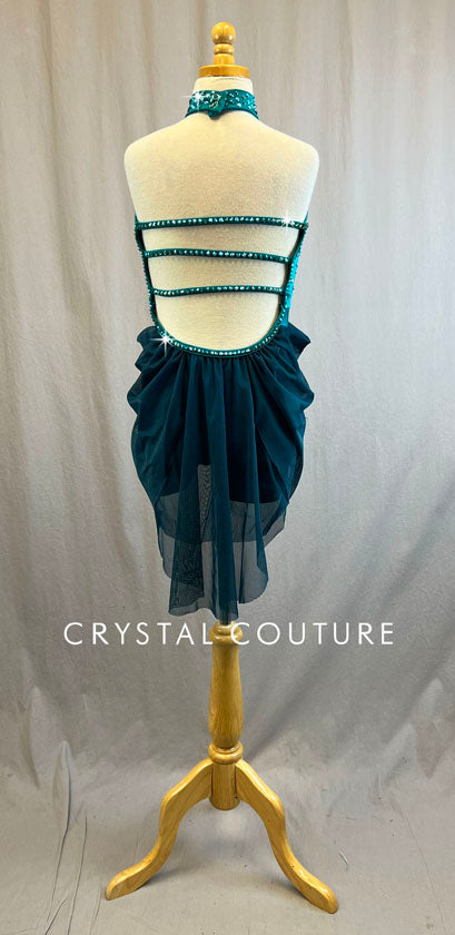 Teal Halter Mock Neck Biketard with Attached Dark Teal Draping Skirt - Rhinestones