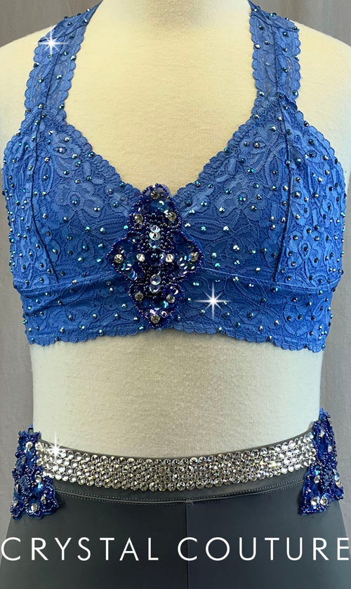 Light Blue Lace Bralette and Dark Grey Booty Shorts - Rhinestones