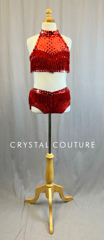 Shimmer Red Halter Top and Trunk with Fringe - Swarovski Rhinestones