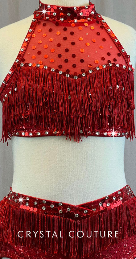 Shimmer Red Halter Top and Trunk with Fringe - Swarovski Rhinestones