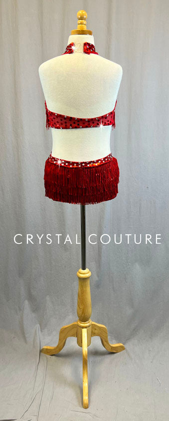 Shimmer Red Halter Top and Trunk with Fringe - Swarovski Rhinestones