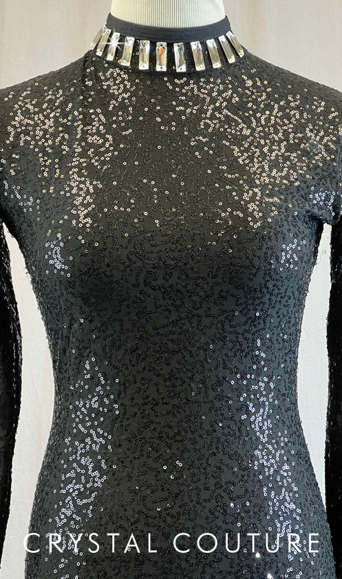 Black Zsa Zsa Long Sleeve Leotard with Black Trim - Swarovski Rhinestones