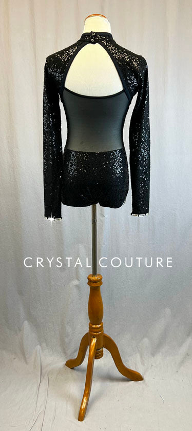 Black Zsa Zsa Long Sleeve Leotard with Black Trim - Swarovski Rhinestones