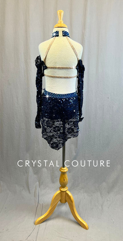 Navy Lace Sequined Long Sleeve 2 Piece with Attached Back Skirt - Rhinestones