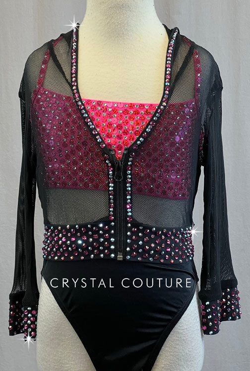 Black Mesh Zip Up Hoodie with Pink Bra Top - Rhinestones