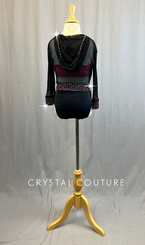 Black Mesh Zip Up Hoodie with Pink Bra Top - Rhinestones