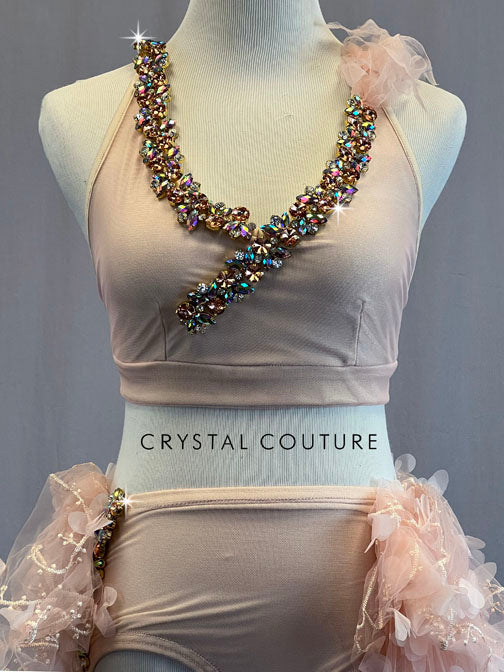 Ignite Custom Light Pink Halter Top and High Waisted Brief with Petal Fabric Skirt - Rhinestones