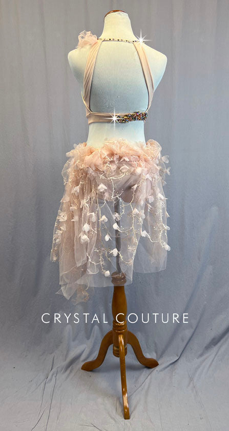 Ignite Custom Light Pink Halter Top and High Waisted Brief with Petal Fabric Skirt - Rhinestones
