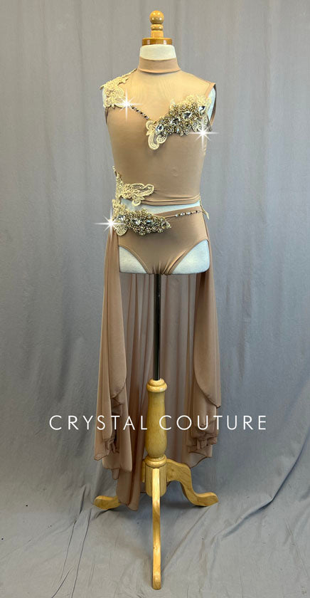 Ignite Custom Tan and Ivory Mock Neck Crop Top 2 pc with Long Back Skirt - Rhinestones