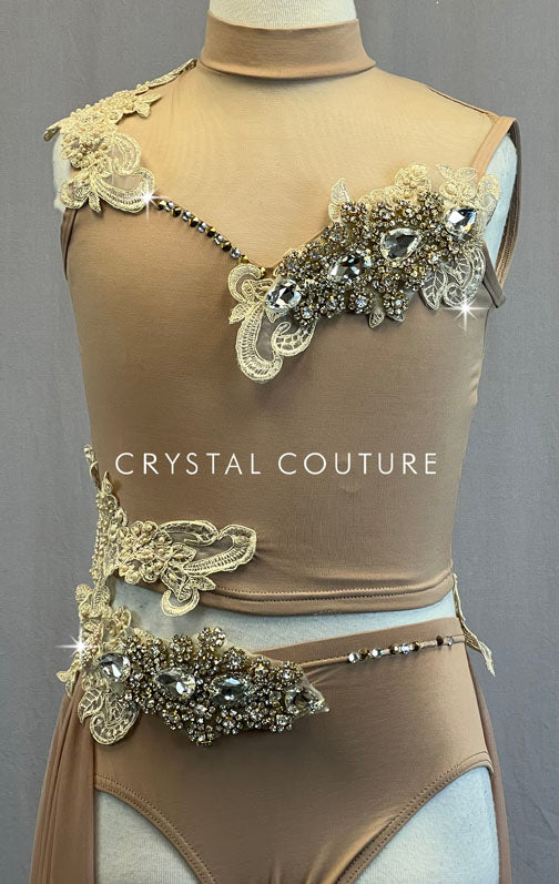 Ignite Custom Tan and Ivory Mock Neck Crop Top 2 pc with Long Back Skirt - Rhinestones