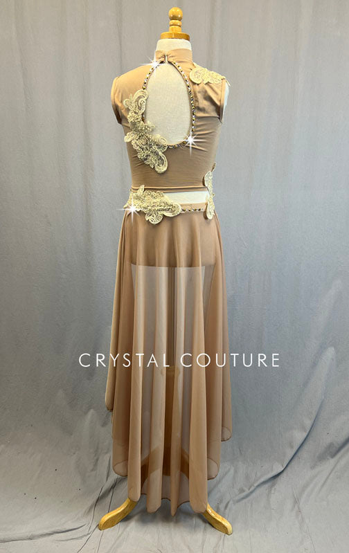 Ignite Custom Tan and Ivory Mock Neck Crop Top 2 pc with Long Back Skirt - Rhinestones