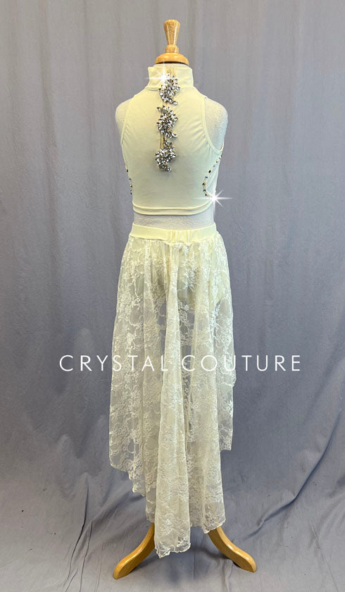 Ignite Custom Ivory and Tan Jeweled Mock Neck Top and Brief with Lace Skirt - Rhinestones