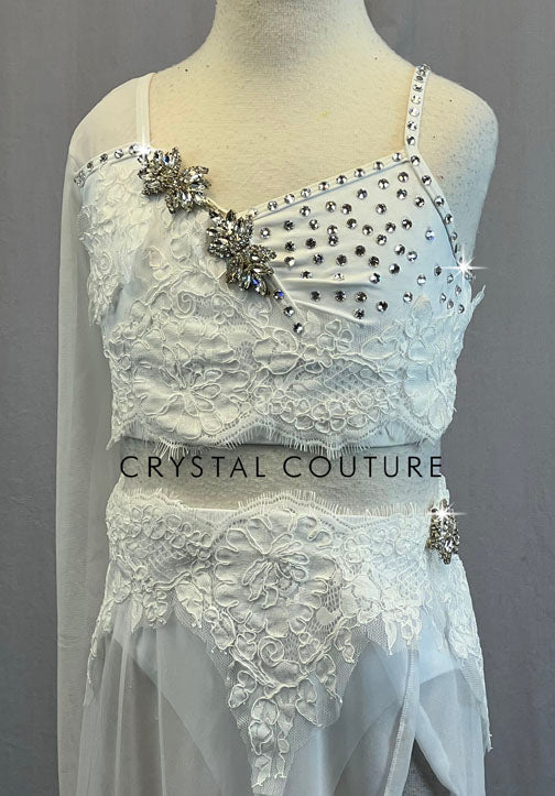 Ignite Custom White Jeweled One Sleeve Top with Asymmetrical Skirt - Rhinestones