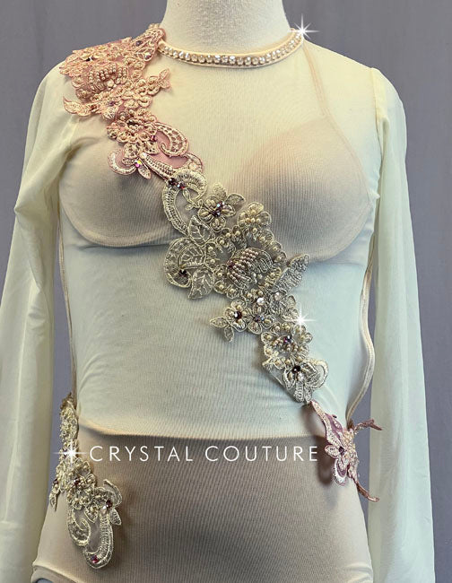 Ignite Custom Ivory and Vintage Rose Appliqued 3/4 Sleeve Mesh Leo - Rhinestones