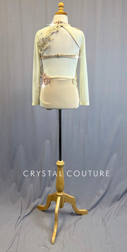 Ignite Custom Ivory and Vintage Rose Appliqued 3/4 Sleeve Mesh Leo - Rhinestones