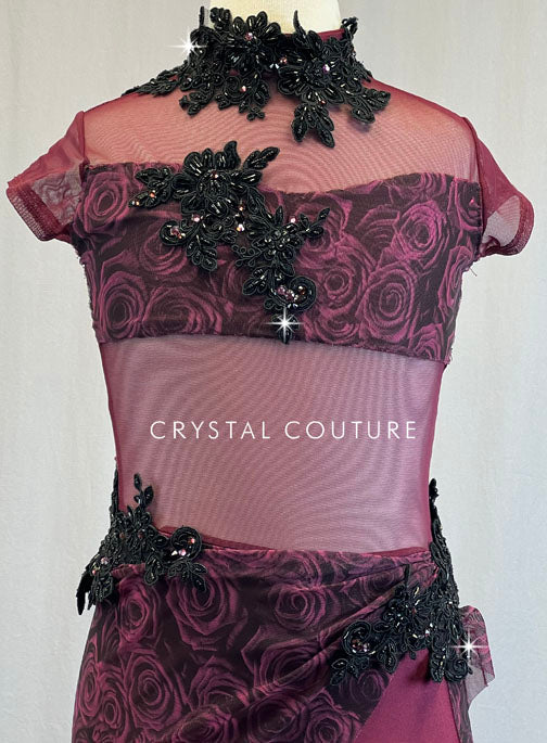 Ignite Custom Maroon Flower Mesh Mock Neck Leo with Side Skirt and Black Appliques - Rhinestones