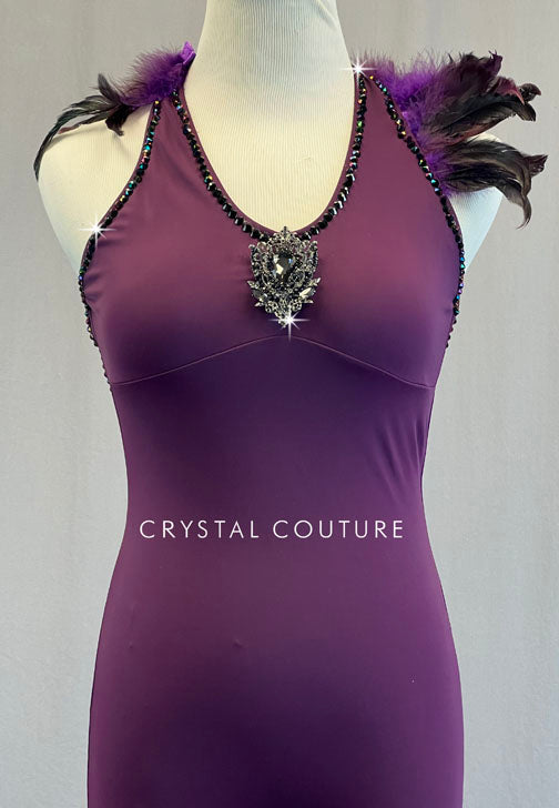 Ignite Custom Plum Keyhole Sleeveless Unitard with Feathers - Rhinestones
