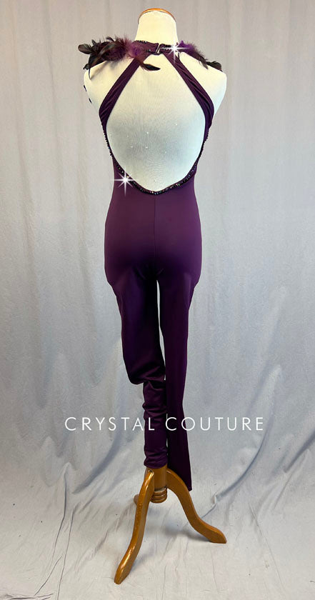 Ignite Custom Plum Keyhole Sleeveless Unitard with Feathers - Rhinestones