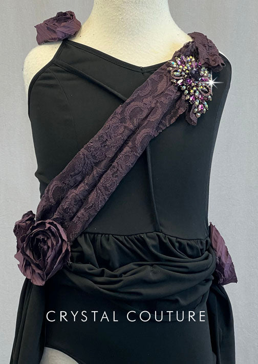Ignite Custom Black Leo Dress with Back Skirt and Plum Lace Sash and Flowers - Rhinestones