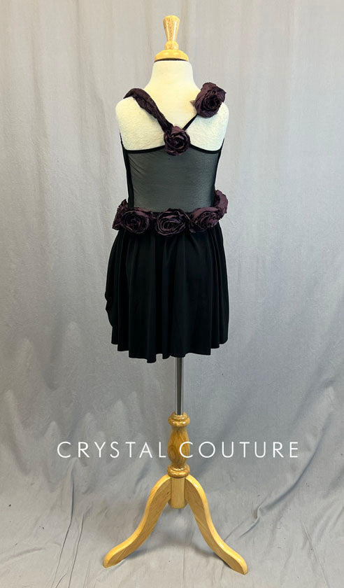 Ignite Custom Black Leo Dress with Back Skirt and Plum Lace Sash and Flowers - Rhinestones