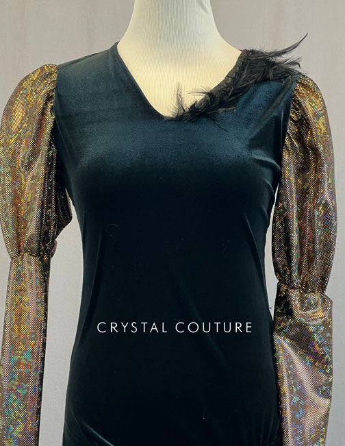 Ignite Custom Black Velvet Leo with Gold Puff Sleeves and Black Feather Trim