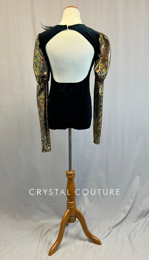 Ignite Custom Black Velvet Leo with Gold Puff Sleeves and Black Feather Trim