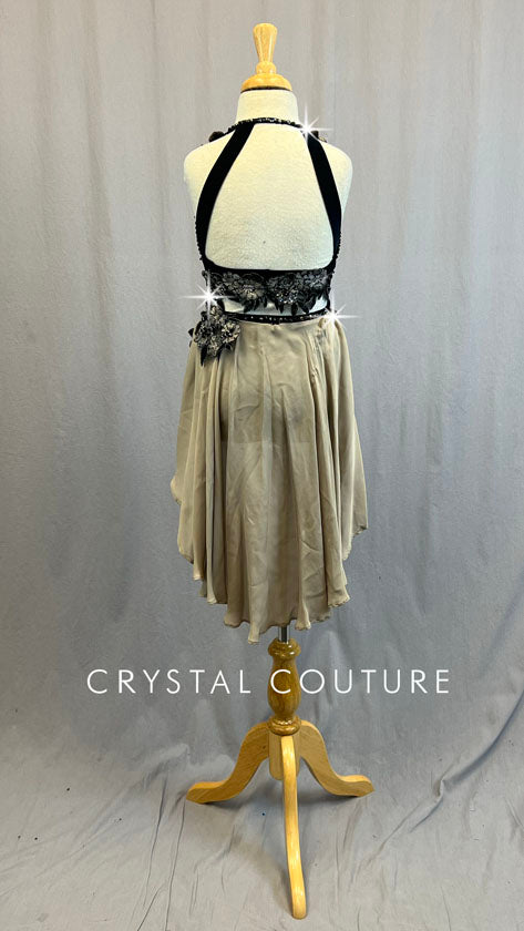 Ignite Custom Black Halter Top and Trunks with Taupe Back Skirt and Appliques - Rhinestones