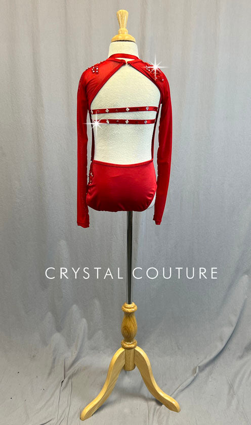 Red Long Sleeve Mesh Leo with Appliques - Rhinestones