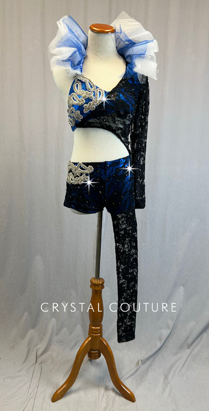 Blue Appliqued Connected Two Piece with Tulle Collar Single Lace Sleeve and Leg - Rhinestones