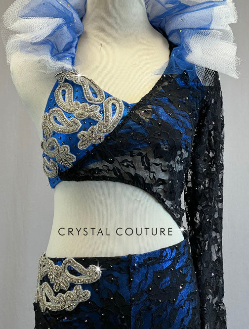 Blue Appliqued Connected Two Piece with Tulle Collar Single Lace Sleeve and Leg - Rhinestones