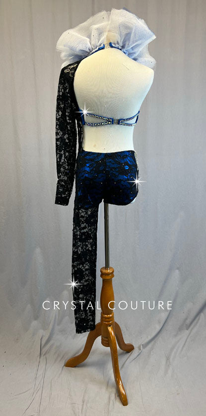 Blue Appliqued Connected Two Piece with Tulle Collar Single Lace Sleeve and Leg - Rhinestones