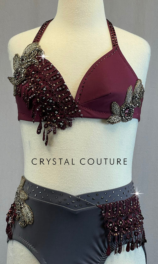 Maroon Bra Top and Grey Trunk with Lace Fringe Appliques - Rhinestones