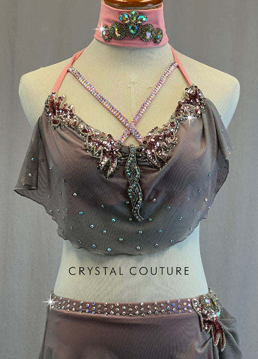 Light Pink Tie Back Bra Top and Trunks with Grey Mesh Ruffle and Short Skirt - Rhinestones