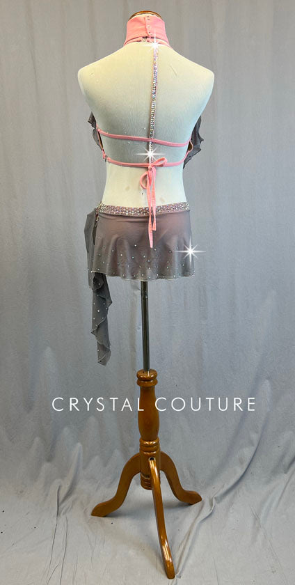 Light Pink Tie Back Bra Top and Trunks with Grey Mesh Ruffle and Short Skirt - Rhinestones