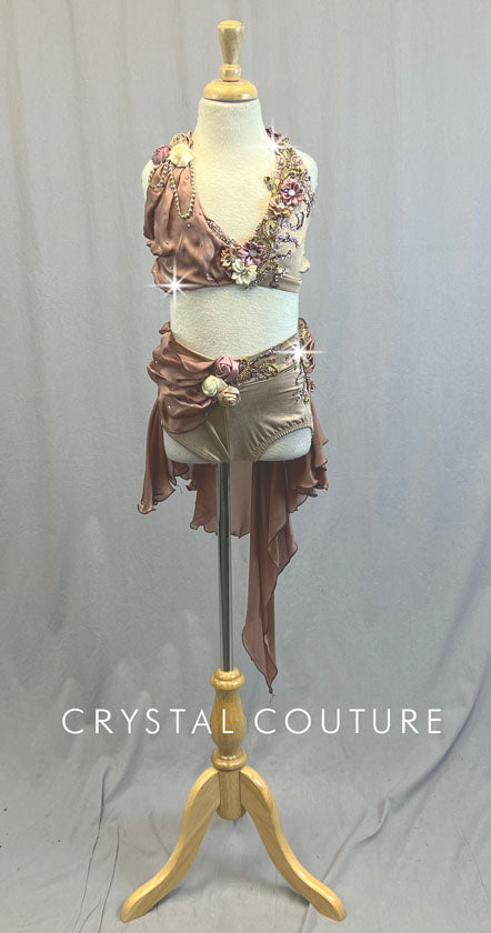 Tan Halter Top and Shorts with Silky Rose Back Skirt - Rhinestones