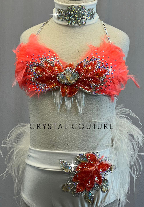 White and Orange Feathered Top and Trunks with Back Bustle - Rhinestones