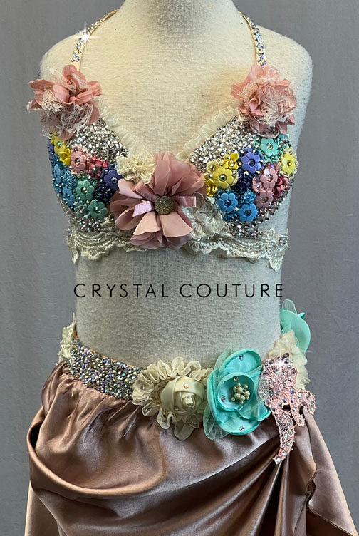 Ivory Appliqued Bra Top with Light Pink Silk Bustle Skirt - Rhinestones