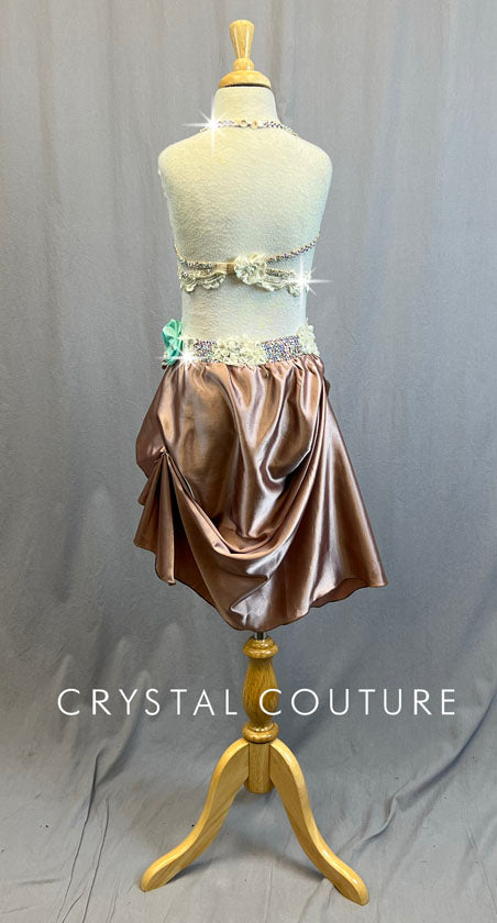 Ivory Appliqued Bra Top with Light Pink Silk Bustle Skirt - Rhinestones