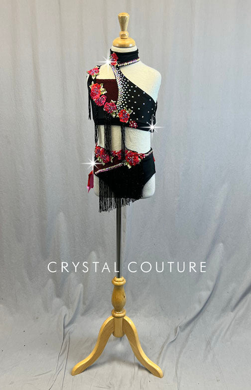 Custom Black Asymmetrical Top and Trunks with Floral Appliques and Beaded Fringe - Rhinestones