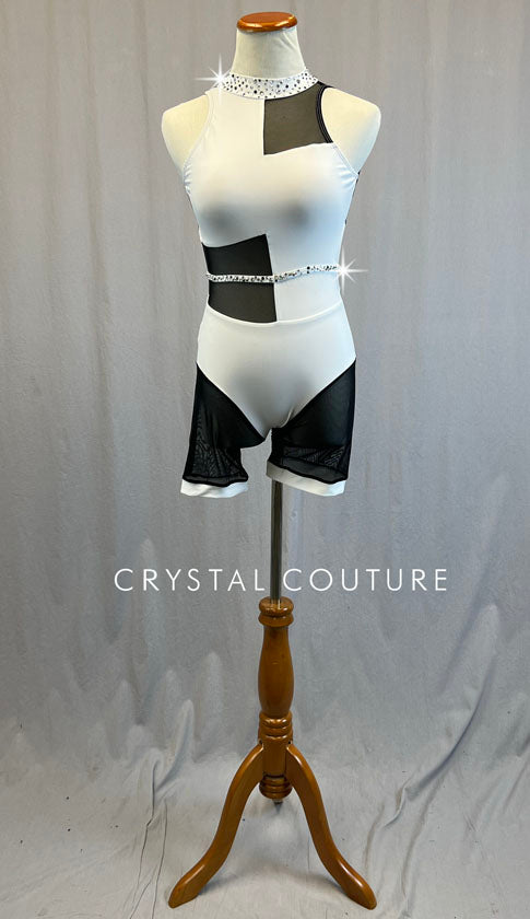 White Mock Neck Leotard with Black Mesh Cutouts and Bike Shorts - Rhinestones