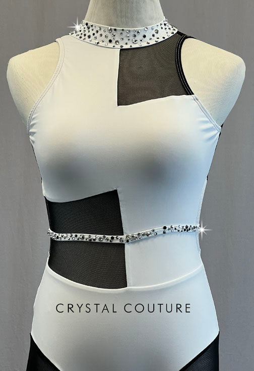 White Mock Neck Leotard with Black Mesh Cutouts and Bike Shorts - Rhinestones