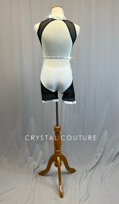 White Mock Neck Leotard with Black Mesh Cutouts and Bike Shorts - Rhinestones