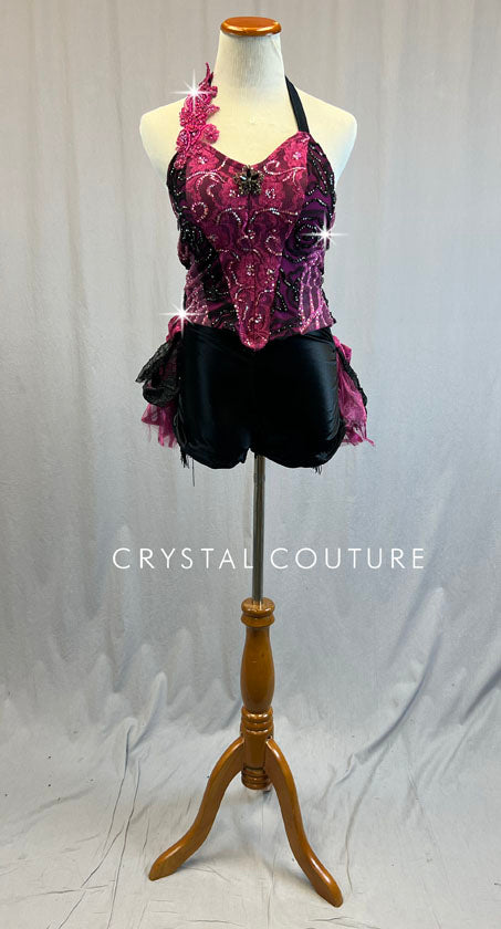 Custom Pink and Black Bustier with Back Bustle - Rhinestones