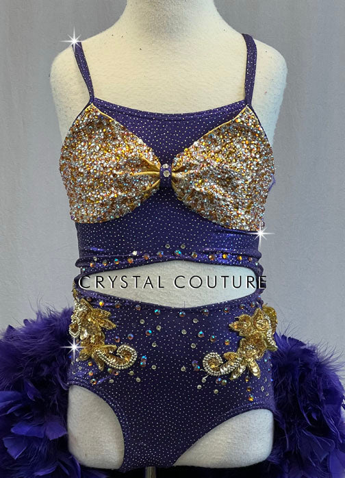 Purple and Gold Cutout Leotard with Appliques and Feather Bustle - Rhinestones