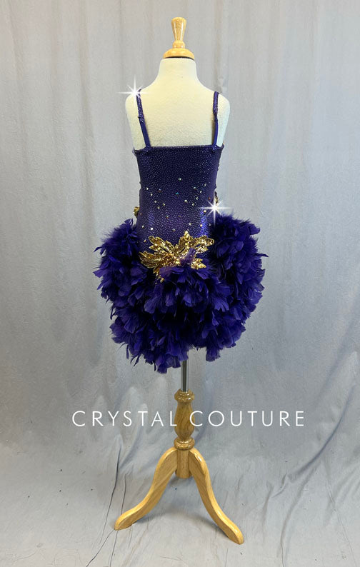Purple and Gold Cutout Leotard with Appliques and Feather Bustle - Rhinestones