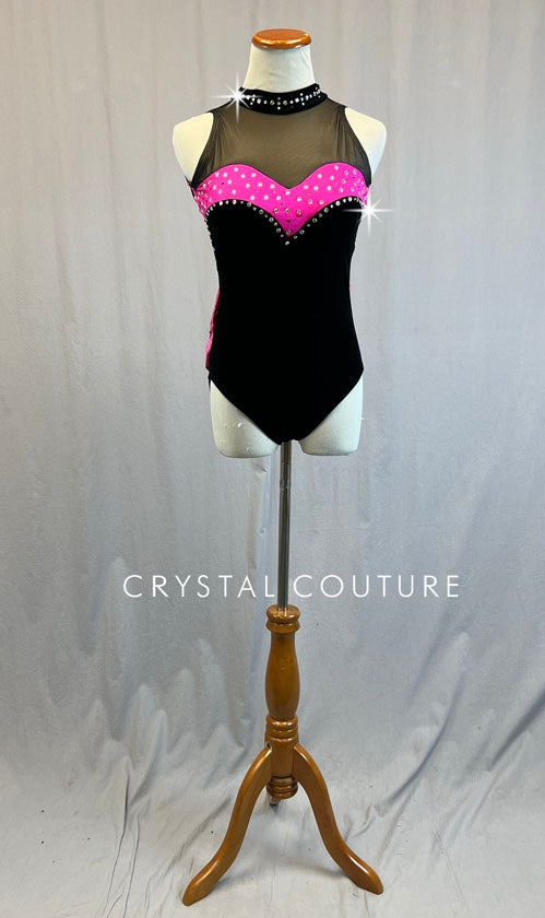 Black and Pink Velvet Mock Neck Leotard with Back Bow - Rhinestones