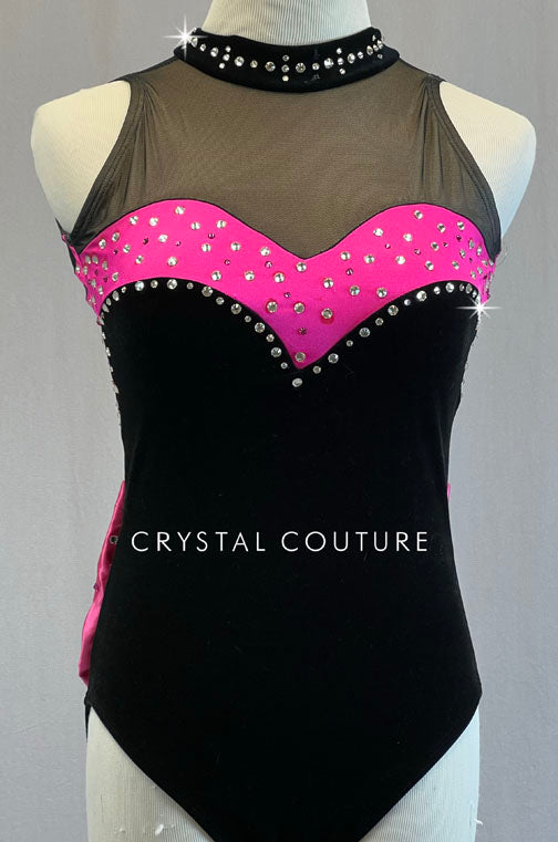 Black and Pink Velvet Mock Neck Leotard with Back Bow - Rhinestones