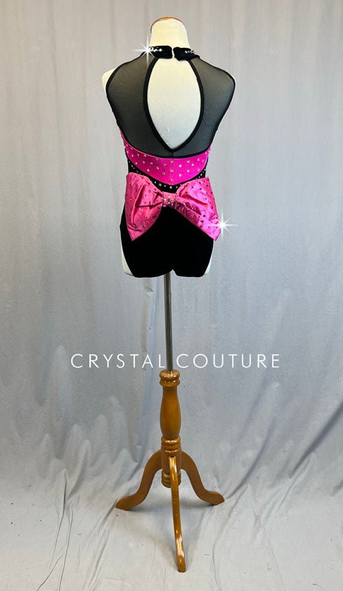 Black and Pink Velvet Mock Neck Leotard with Back Bow - Rhinestones