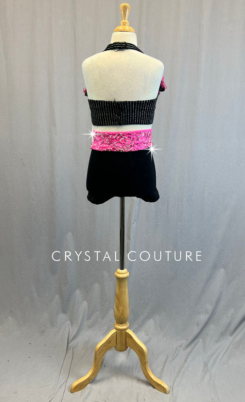 Black and Pink Pinstripe Cropped Bustier with High Waisted Shorts - Rhinestones