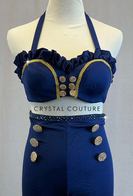 Custom Navy and Gold Halter Bra and High Waisted Shorts - Rhinestones